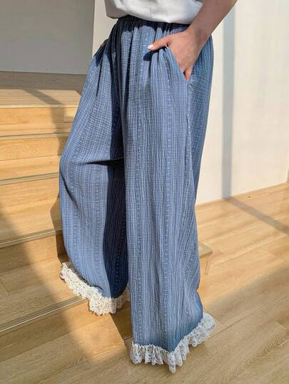 Dazy Plus Elastic Waist Floral Contrast Lace Cute Loose Long Straight Leg Pajama Bottoms