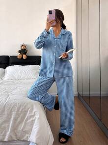 Dream Adore 泡泡纹理格子领开衫和裤子睡衣套装 - 彩色 - 查看 3