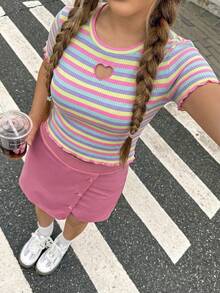 SHEIN 2件套少女心形镂空刺绣条纹T恤和纯色纽扣仿短裙 - 粉色 - 查看 1