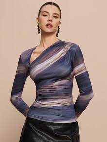 Leighera Áo thun dài tay nữ thanh lịch in họa tiết chuyển màu, thiết kế lệch vai, thích hợp cho mùa xuân. - Màu xám đen - Xem 6