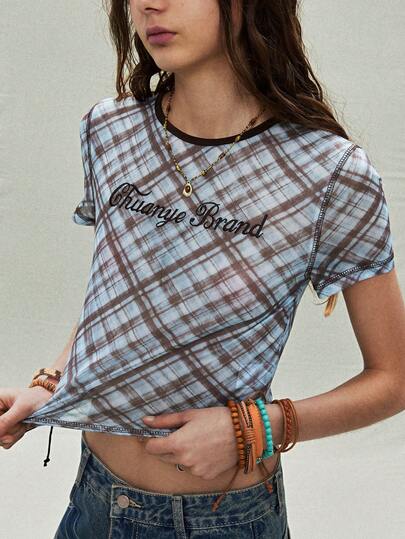 SoleilVie Light Blue & Warm Brown Tartan Pattern, Slim-Fitted T-Shirt Silhouette Crafted From Breathable Mesh Fabric – Airy Open-Weave Texture Adds Subtle Sensuality, Hugging Curves To Enhance Feminine Charm. Refined Bound-Edge Crew Neck, Niche-Chic Design: A Versatile Sexy Statement Piece, Perfect As A Standalone Top For Daily Outings (To Accentuate Alluring Silhouette) Or A Sleek Layering Essential For Polished, Seductive Ensembles.