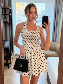Pariaura Women's Polka Dot Halter Tie Ruched Waist Elegant Short Cocktail Party Dress - Black and White - View 6