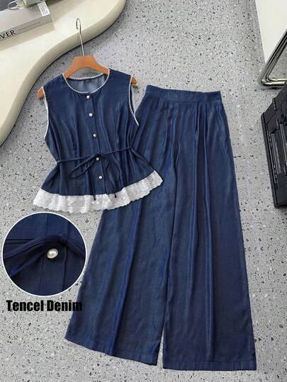 GlowEve CURVE 大码女式仿牛仔开衫圆领无袖蕾丝边休闲优雅背心上衣 + 松紧腰阔腿裤通勤百搭舒适两件套