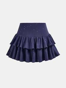 SHEIN 少女裙装 - 瑜伽、打底裤、休闲、运动、上学、返校、黑色衬裙双层荷叶边蛋糕裙迷你裙、春夏、清爽、基础款、日常、百搭、夏季运动时尚、返校季、校服 - 藏蓝色 - 查看 2