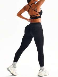 Seamluxe SHEIN Sport Bộ đồ thể thao nữ 2 món gồm áo ngực và quần legging lửng 3/4 không đường may, họa tiết da báo, có thể điều chỉnh độ dài, họa tiết đan chéo. - màu đen - Xem 2
