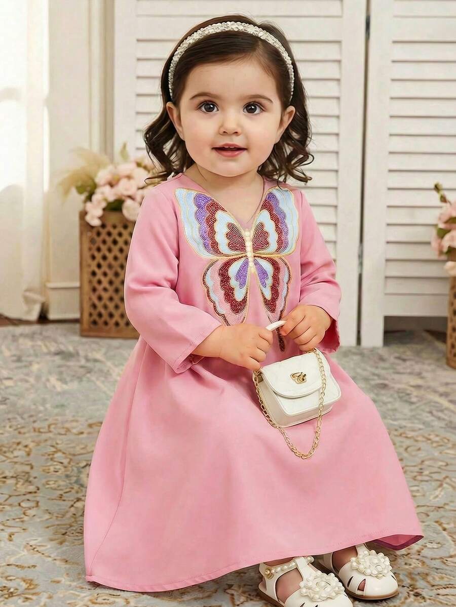 SHEIN Baby Girl Butterfly Embroidery V-Neck Long Sleeve Loose Dress - Pink - View 1