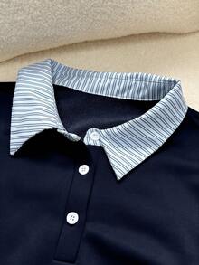 INAWLY Women's Striped Patchwork Long Sleeve Casual Loose Pullover Sweatshirt - Navy Blue - View 4