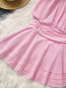 Franclia Women's Elegant Faux Pearl Beaded Ruched Halter Neck Dress, Summer - Pink - View 3