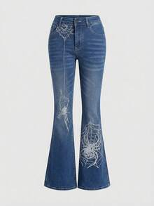 ROMWE J-Fashion Quần jeans nữ phong cách retro gợi cảm với họa tiết nhện bạc. - Rửa trung bình - Xem 1