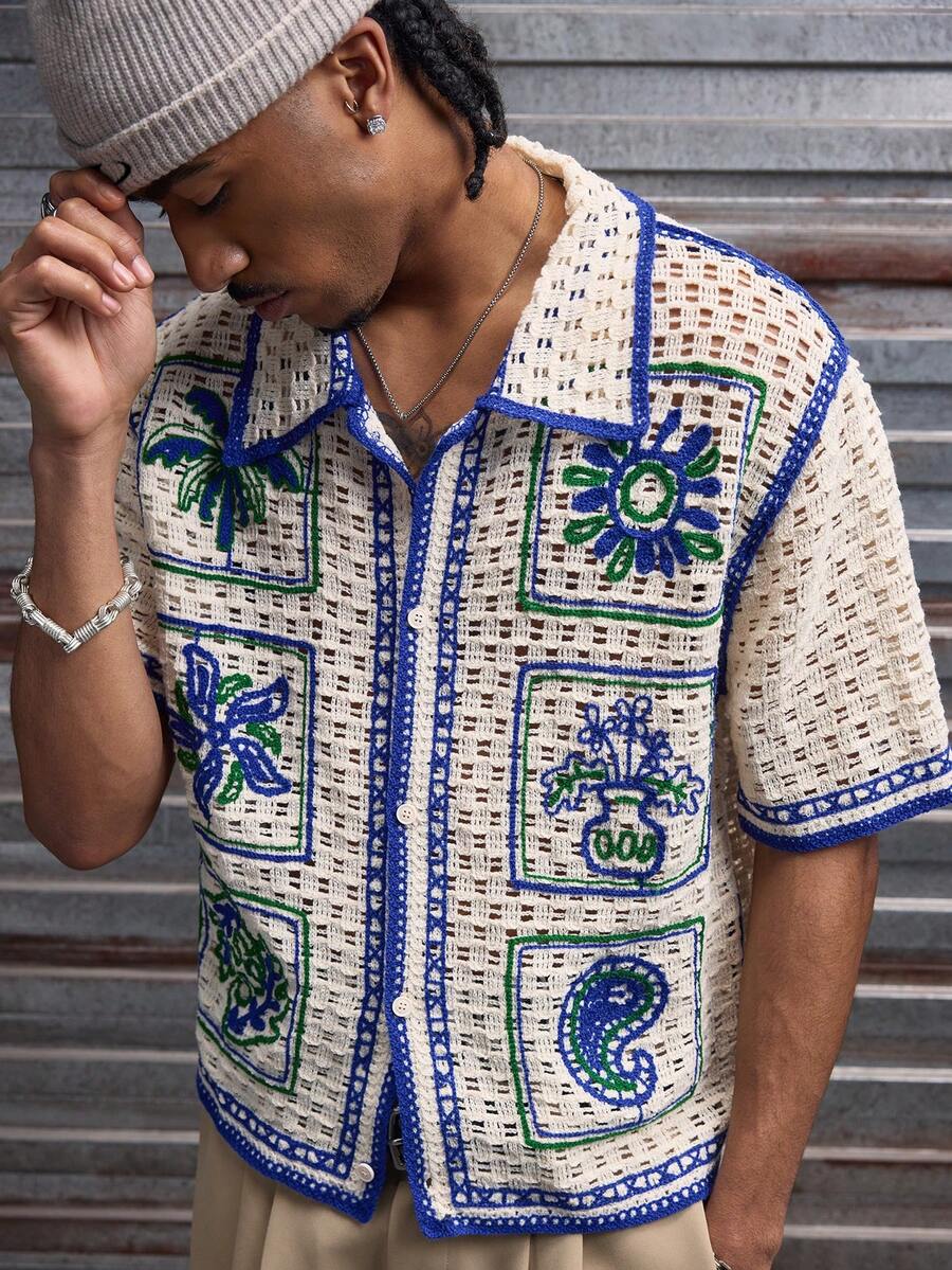 AXEPEAK Men's Vacation Palm Tree Pattern Hollow Out Short Sleeve Knit Cardigan - Multicolor - View 1