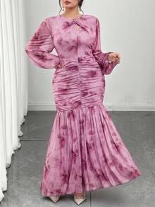 Modelyn 大码女式休闲褶皱修身长袖连衣裙 - 粉色 - 查看 3