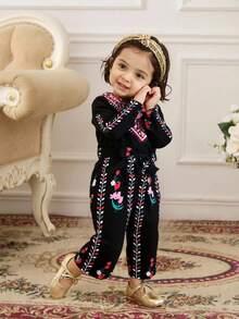 SHEIN جمبسوت قصيرة كم للرضع بطبعات زهرية مع حزام، مناسبة للعب بالخارج والمناسبات، للربيع والصيف - الأسود - مشاهدة 7