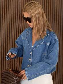 DAZY Women's Lapel Short Washed Denim Casual Jacket - Medium Wash - View 1