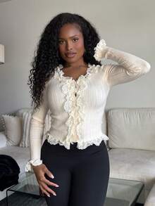 Women's Contrast Lace Button Down Cardigan,Long Sleeve Tops,Fall Women Clothes - Beige - View 1