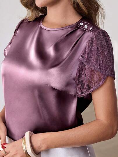Miaspire Women's Elegant Petal Sleeve Pleated Loose Top, Satin & Contrast Lace, Summer