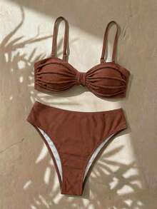 Slaydiva Plus Size Elegant Vacation Tie-Up Swimsuit Set - Brown - View 7