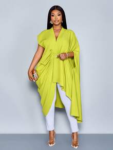 SOLERSUN 大码女式绿色春夏新款时尚纯色系带宽松休闲修身长款衬衫，配腰带，前开衩大腿系带单肩衬衫，纯色长款衬衫，适合日常通勤和度假，休闲套装，圣帕特里克节，复活节，音乐节，四叶草，街头风格，海滩度假，野餐，日常通勤时尚百搭套装，西式风格，波西米亚风格，端庄，仙气十足。 - 綠色 - 查看 2