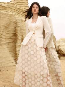 Modelyn Elegant Fashion Long Sleeve Blazer Jacket Paired With 3D Polka Dot Embroidered Skirt Suit Set - Apricot - View 2