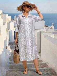 Linhara CURVE 大码女式开衫连衣裙，适合度假和通勤，女士夏季连衣裙，女士连衣裙，女士假日连衣裙 - 白色 - 查看 6