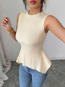 Elenzga Stylish Sleeveless Knit Sweater Top, Asymmetric Hem Design, Fitted Waist, Versatile & Fashionable - Apricot - View 3