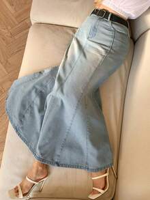 DAZY Washed Denim Fish Tail High Waist Slimming Long Skirt For Women, Summer - Light Wash - View 3