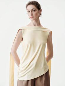 Selianne Women's Fashion Sleeveless Asymmetric Draped Side Shoulder Ribbon Thick Strap Deep V Design Vintage Elegant Casual Commute Tank Top, Spring/Summer - Apricot - View 4