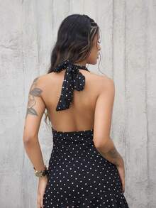 Rayane Ketlyn 深 V 领黑白波点休闲度假复古迷你连衣裙 - 黑色 - 查看 2