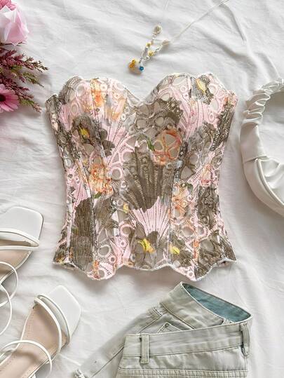 Soleia توب كورسيه مطرز بالزهور مع طبقتين من الدانتيل، قطعة واحدة مناسبة للخروجات الليلية والحفلات والأعراس في فصل الخريف