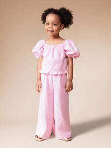 SUMWON Girls Puff Sleeve Off Shoulder Top And Wide Leg Palazzo Pants Set Striped Cotton Summer Casual Outfit With Ruffle Details Vacation - Pink - View 6