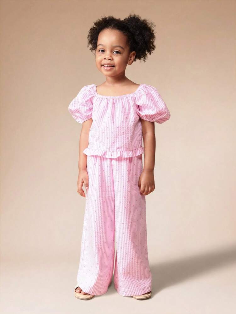 Puff Sleeve Striped Top And Palazzo Pants Set