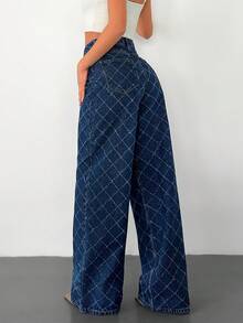 EURMUSE 100% Cotton Women's Plaid Pattern Slant Pocket Wide Legs Casual Jeans - Medium Wash - View 2