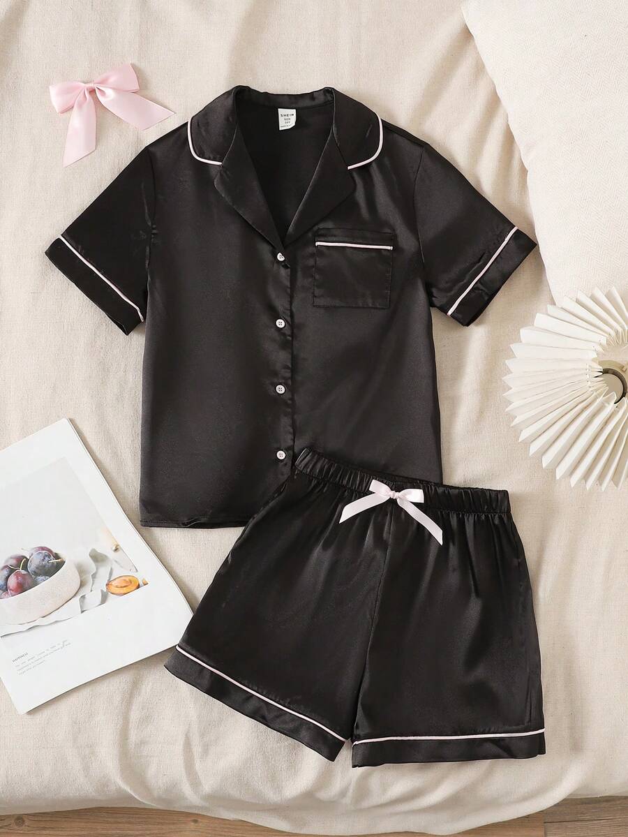 SHEIN Tween Girls' Casual Satin Lapel Button-Up Top And Shorts Pajama Set, Spring/Summer - Black - View 1