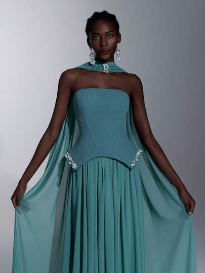 Elitara Đầm dạ hội màu xanh nhạt thanh lịch, đơn giản và sang trọng, chất liệu chiffon dệt kim co giãn cao cấp, thiết kế cúp ngực tối giản ôm eo, trang trí chuỗi pha lê 3D sang trọng, chân váy chữ A rộng (kèm phụ kiện sequin treo có thể tháo rời), phù hợp cho hẹn hò, du lịch, tiệc độc thân, đám cưới, sự kiện tựu trường và mọi dịp trang trọng.