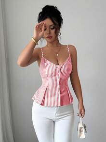 Elenzga Women's Cotton Striped Buttoned Pleated Elastic Camisole, Bohemian Style For Spring/Summer Vacation - Red - View 4