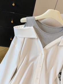 GlowEve 女士落肩长袖单排扣时尚衬衫 - 白色 - 查看 5