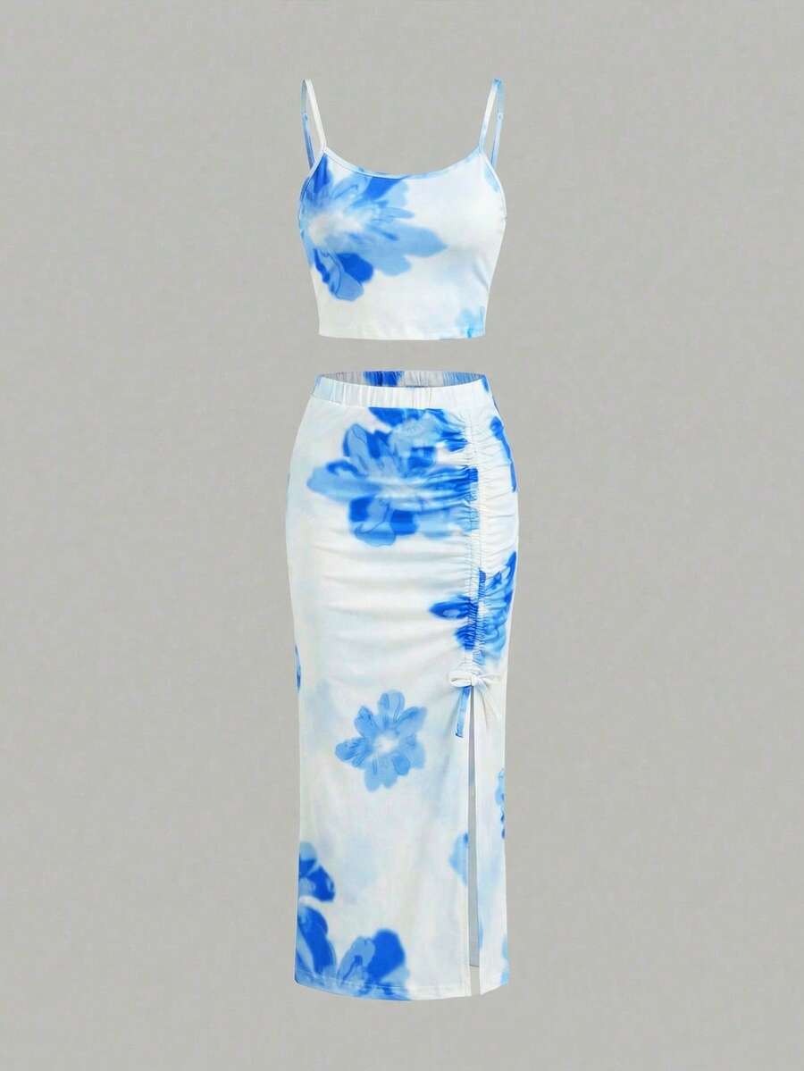 SHEIN 少女蓝色碎花吊带背心和百褶裙套装 - 藍色 - 查看 1