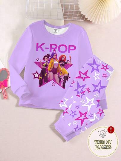 Set de 2 piezas de top con estampado de niña de dibujos animados y leggings con estampado de estrellas de colores para niñas, de tela de punto elástica, estilo lindo y genial, pijama de top de manga larga y pantalones