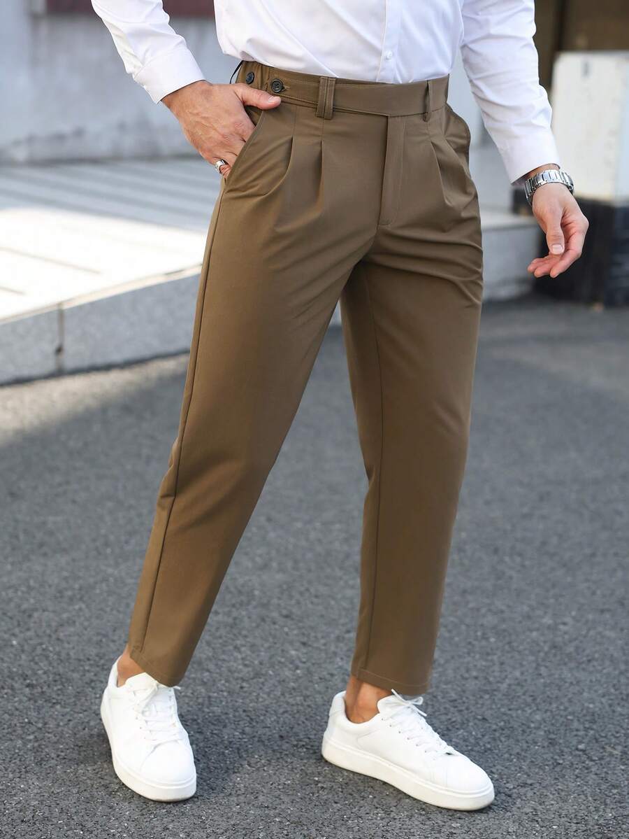 Manfinity Homme Men's Casual Solid Color Minimalist Trousers Casual Pants Mens Pleated Trousers Brown Dress Pants Suit Pants - Mocha Brown - View 1