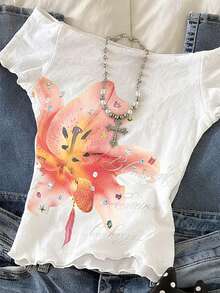 Rina Fox Women's Casual Floral Print Off-Shoulder Top, Summer - White - View 5