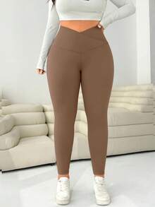 SHEIN EZwear 咖啡棕色加大码女式不对称腰休闲紧身裤 - 咖啡棕 - 查看 3