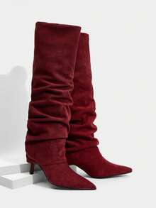Daringsoles Autumn/Winter New Slim Leg Boots, Pointed Toe, Slim Heel, Mid-Calf Boots, Simple & Versatile Brown Style - Rose Red - View 2