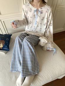DAZY Happy Dog Allover Print Collar Top & Plaid Pajama Pants Women Sleepwear Set - White - View 8