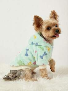 PETSIN 1件宠物薄荷绿爪印骨头图案毛绒连帽卫衣，加厚保暖，适合猫狗秋冬季穿着 - 彩色 - 查看 3