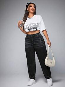 SHEIN ICON Jeans ajustados casuales de talle alto con bolsillos y desgastados para mujer de talla grande - Negro - Ver 6