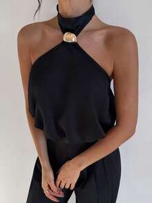 Firerie 女士优雅简约时尚通勤都市风音乐节度假性感新款潮流露背金属装饰吊带背心 - 黑色 - 查看 12