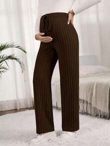 SHEIN Pantalones casuales sueltos de pierna ancha, de unicolor y cintura ajustable para maternidad - Café integral - Ver 6