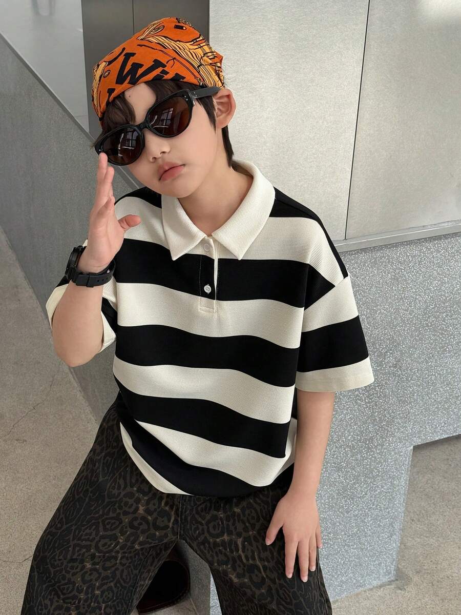 DAZY Tween Boy Casual Striped Quarter Button Short Sleeve T-Shirt, Summer - Black and White - View 1