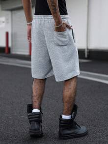 PAVTROS 男士简约刺绣图案休闲针织短裤，宽松直筒高街拼接运动裤 - 淺灰色 - 查看 2