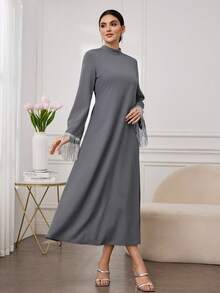 Al Najma Rochie elegantă de damă cu ciucuri și mărgele, culoare solidă, talie lungă - Gri - Vizualizare 6
