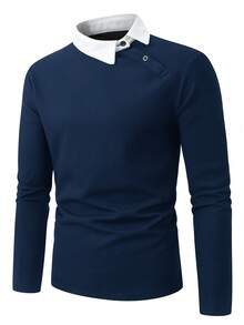 Manfinity Homme Men's Contrast Color Long Sleeve Casual Commuter Versatile Polo Shirt Navy Blue Knit Top, Formal, Ceremony - Navy Blue - View 8